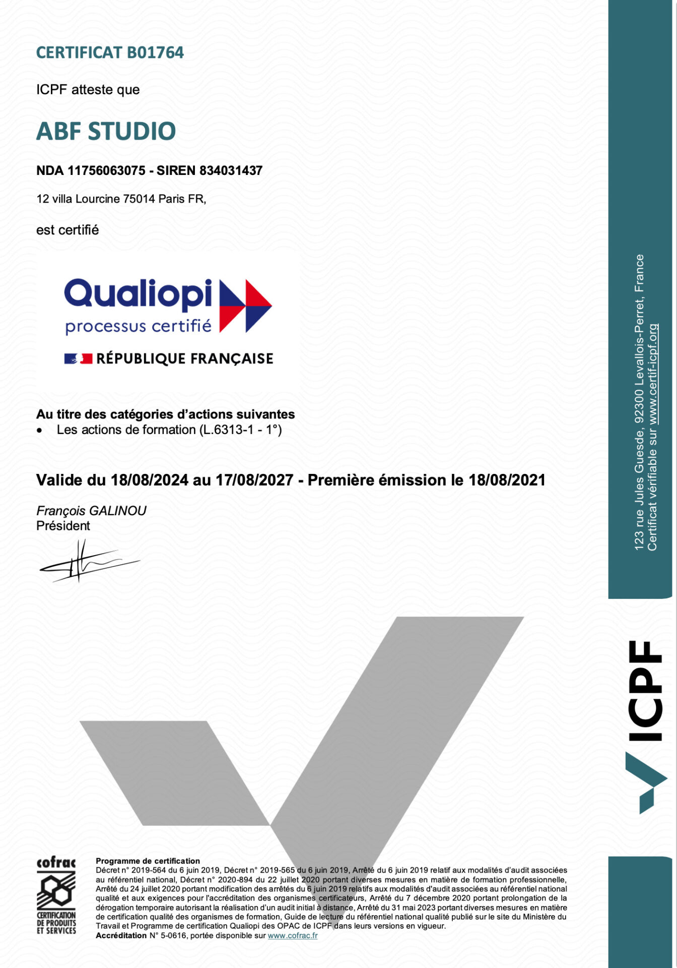 certificat QUALIOPI ABF STUDIO-B01764-